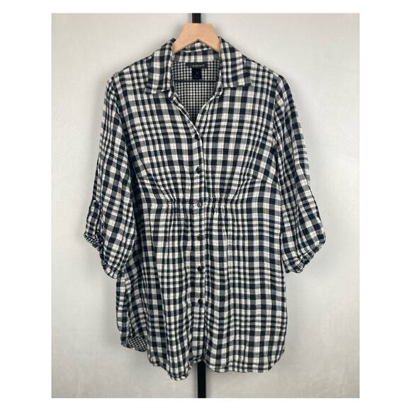 Lane Bryant Tops - Lane Bryant Plaid Roll Tab Sleeve Button Up Tunic 18/20 100% Cotton Black White
